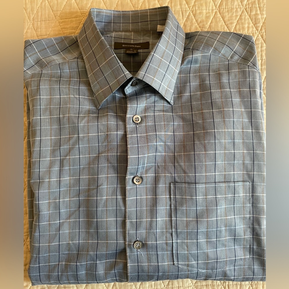 Ermenegildo Zegna Vintage Check Print Button Under Collar Sport Shirt in Blue XL